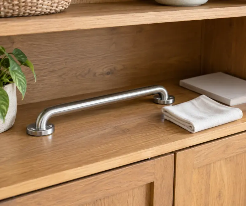 Illustrative care-question preparation with an unattached generic rail, dry cloth and closed booklet on a shelf.