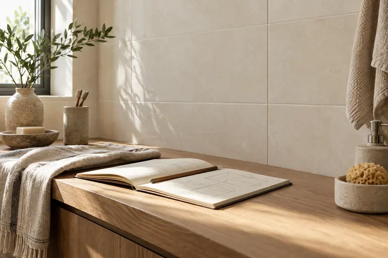 Illustrative plain bathroom wall beside an open sketch notebook and folded linen.