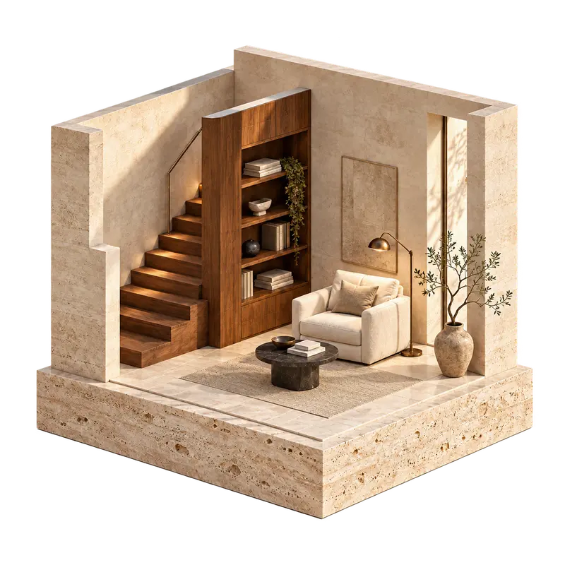 An illustrative architectural model of a sitting room and staircase