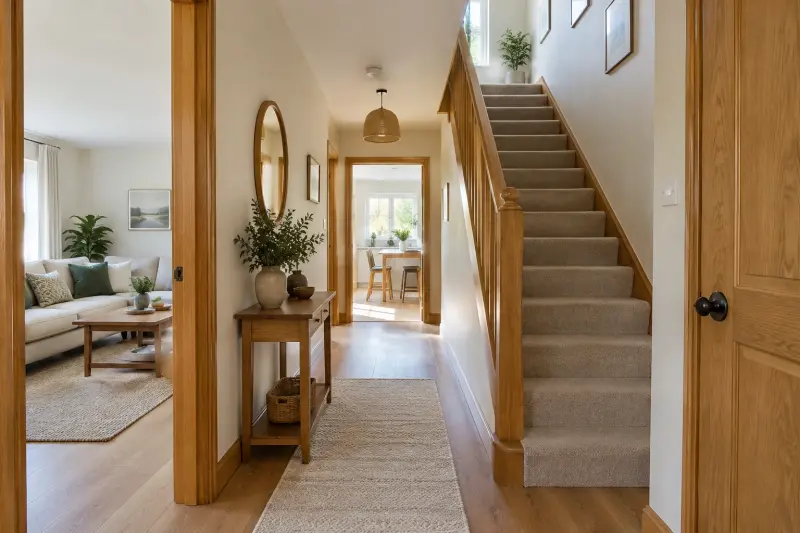 A finished home hallway connecting rooms beside an ordinary staircase.