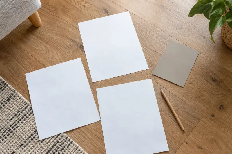 Blank sheets, pencil and a neutral color sample on a living-room floor.