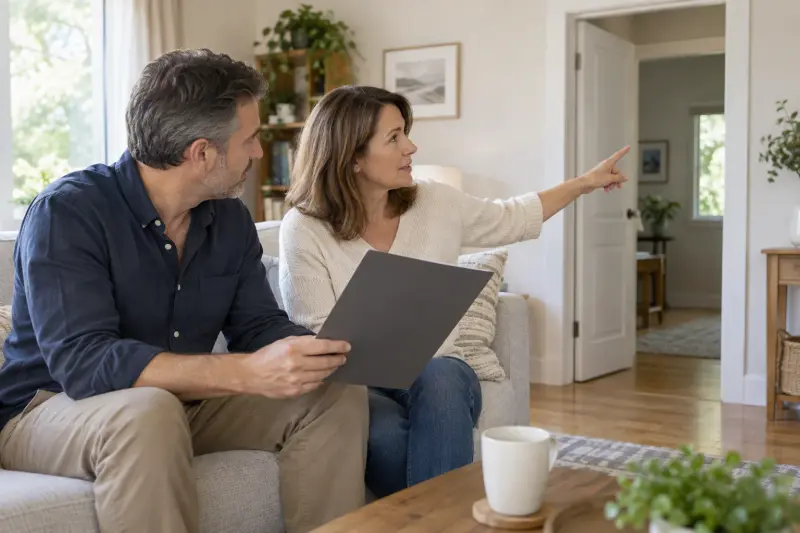 Two adults discussing a doorway while holding a plain folder in a living room.