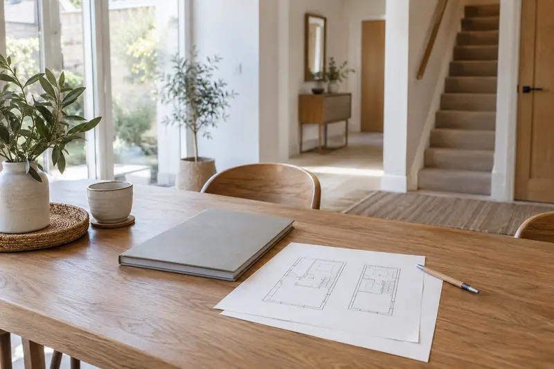 Closed planning folder and simple two-floor sketches on an oak table.