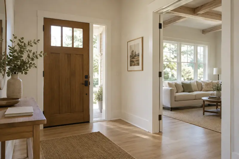 Illustrative domestic doorway and room approach with a plain notebook on a side table.
