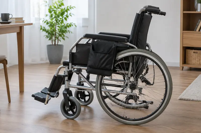 Illustrative unoccupied wheelchair with footrests and a plain carry pouch.