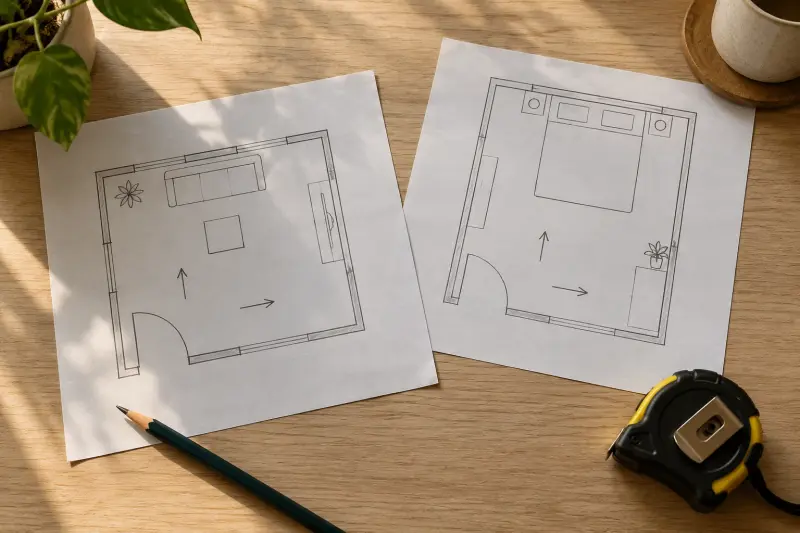 Illustrative separate room-approach sketches with door arcs and direction arrows.