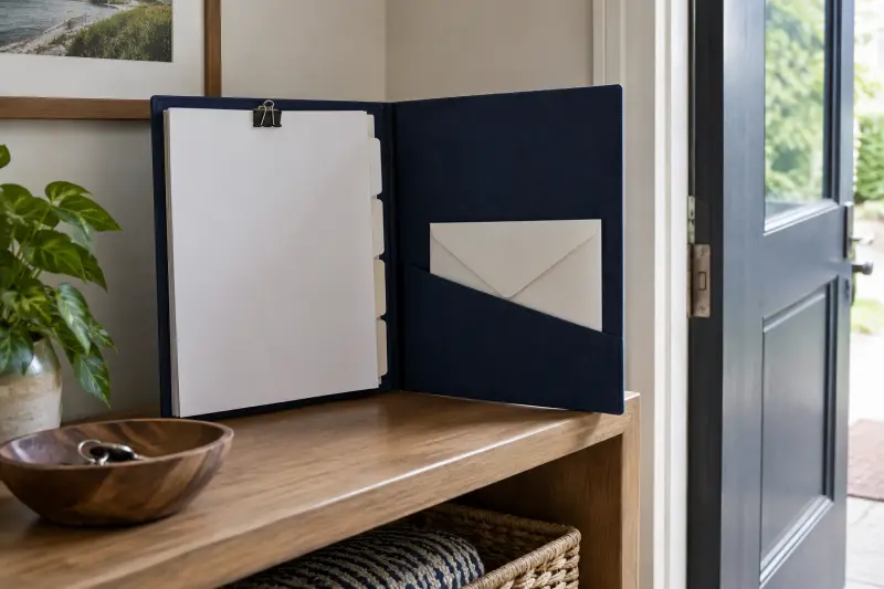 Illustrative plain planning folder with comparison paper and a closed envelope on a shelf.