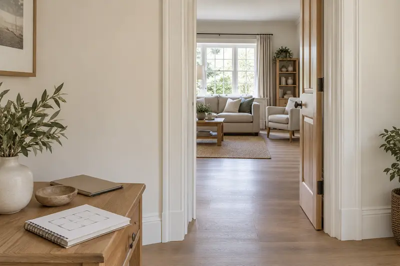 Open domestic doorway and a room sketch on a nearby wooden console.