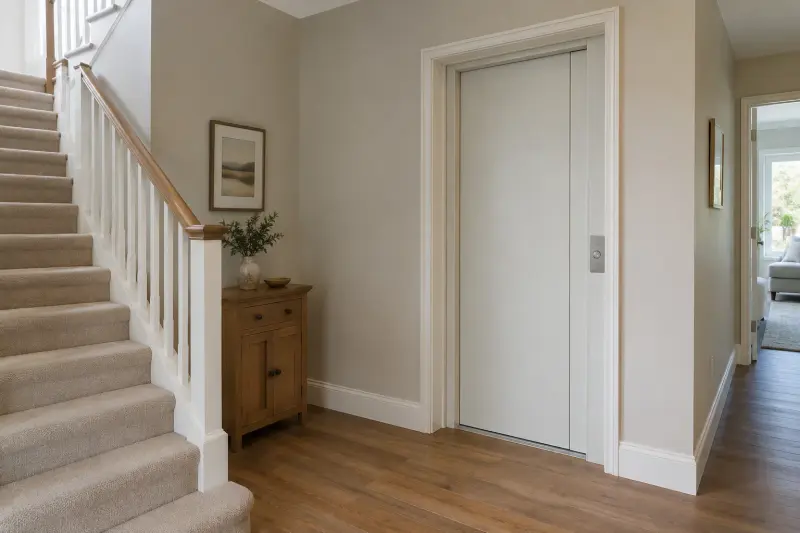 Illustrative domestic hallway with a staircase and plain closed lift-style doorway; emergency functions are not demonstrated.