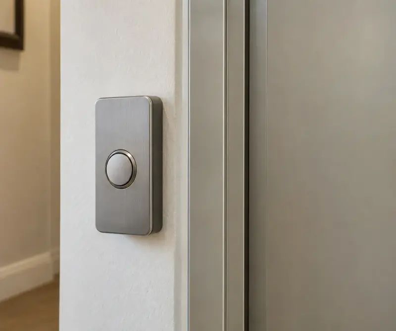 Illustrative plain inactive control housing beside a closed doorway, without function labels or operation.