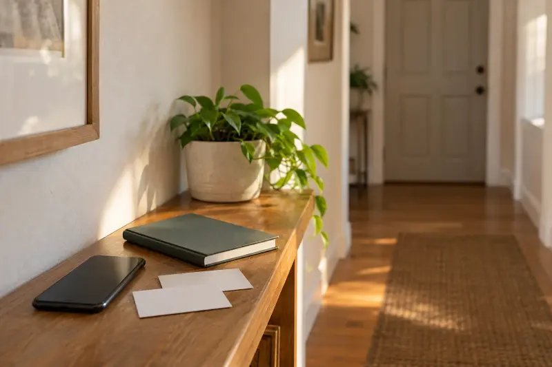 Illustrative communication-question preparation with a separate household phone, closed notebook and two blank cards.