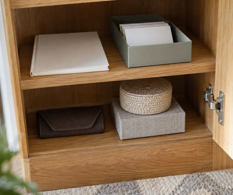 Illustrative document storage with a closed booklet and blank cards in a wooden cabinet.