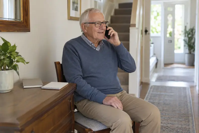 Illustratieve scène van een man die vanaf een stoel naast een eenvoudig notitieboek een rustige telefonische vraag stelt.