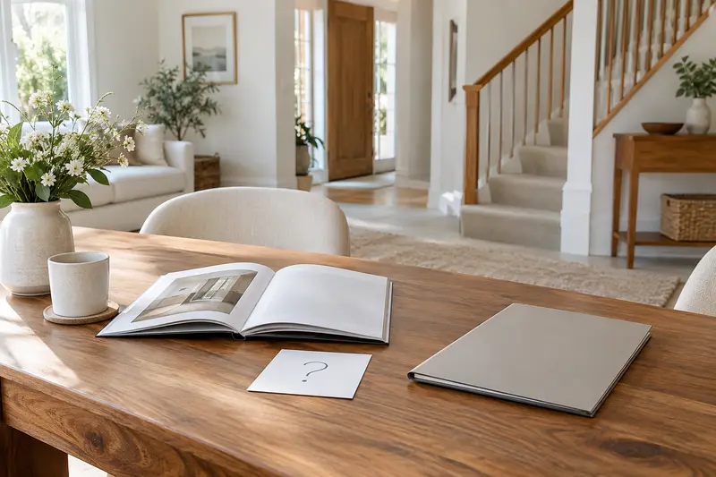 Household manual, question card and plain folder on a home planning table.