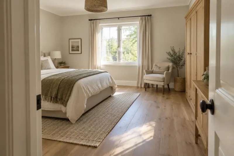 A bedroom doorway showing the bed, wardrobe and chair arrangement.