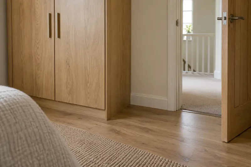 A wardrobe beside a bedroom doorway.