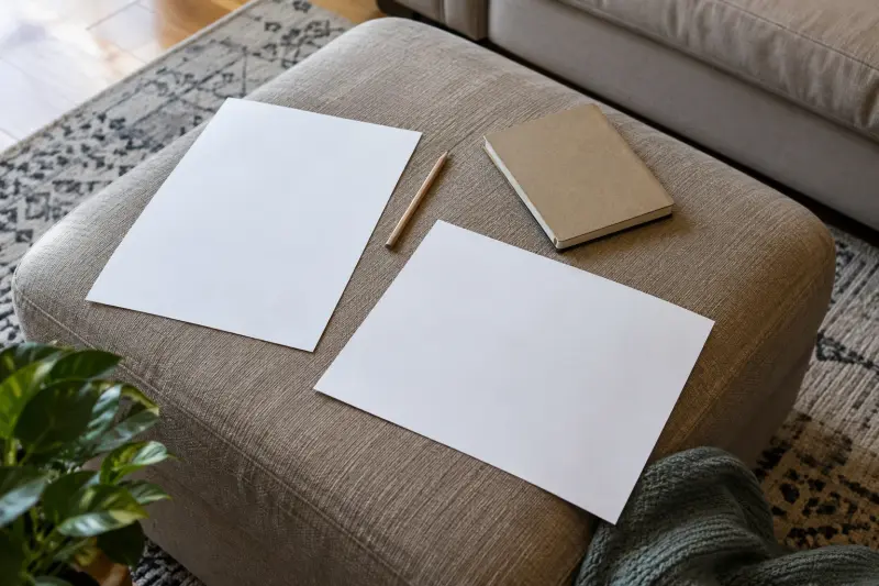 Blank sheets and notebook on an ottoman.