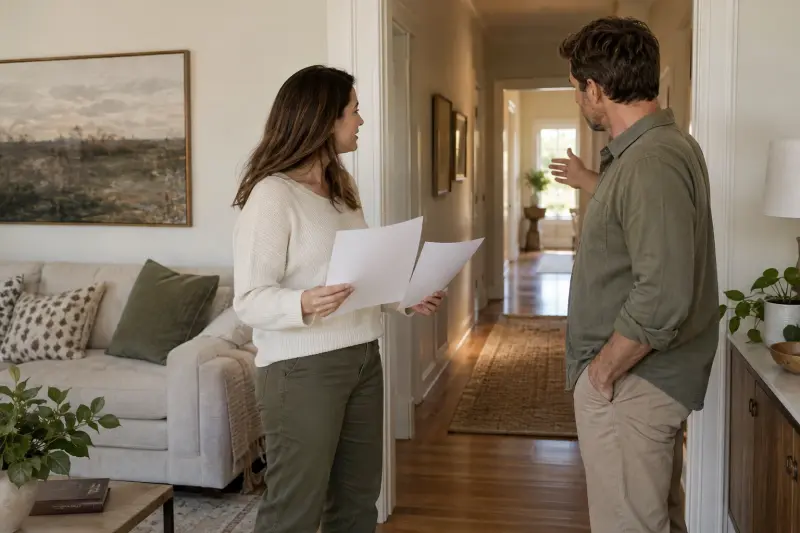 Two adults discussing room routes with blank papers.