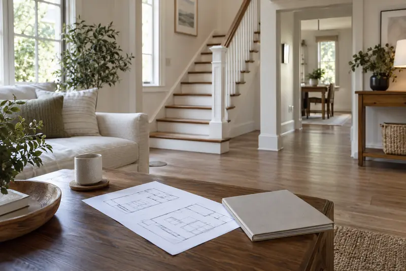 Two-floor layout sketches and a notebook in a bright domestic living room.