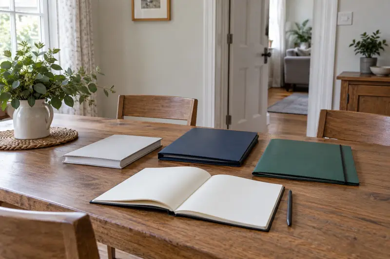 Illustrative home table prepared with plain booklets, folders and a blank notebook.
