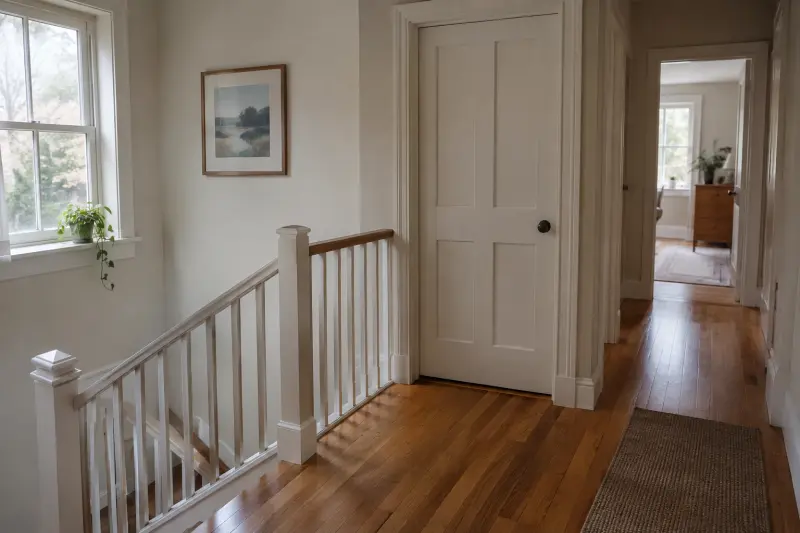 Illustrative domestic landing with a room door and onward hallway.