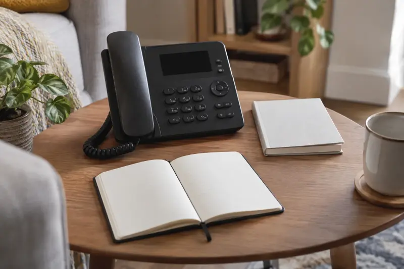 Illustrative home telephone beside a plain closed booklet and blank notebook.