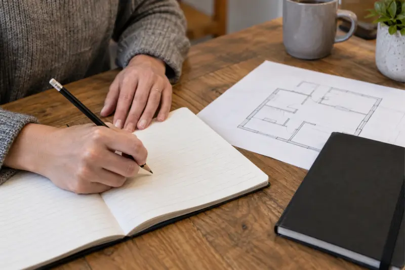 Illustrative hands making paper notes beside a room sketch and closed booklet.