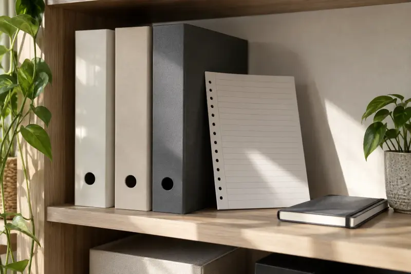 Illustrative separate plain folders and a blank ruled register page on a household shelf.