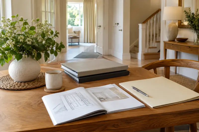 Open illustrated household manual and closed handover folders on a wooden table.
