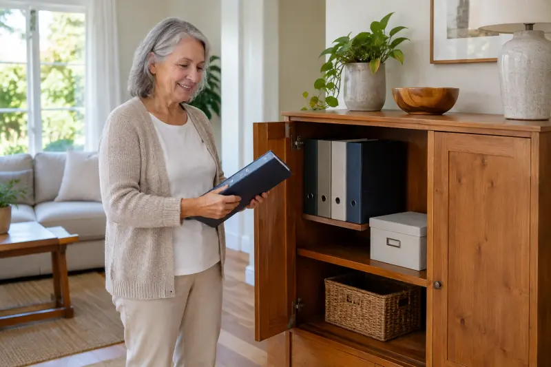 Illustrative scene of a woman retrieving a plain binder beside a cabinet containing household documents.
