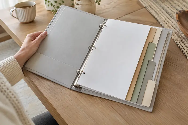Illustrative detail of blank dividers and paper inside a plain household binder.