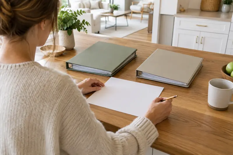 Illustrative scene of planning a document index with a blank sheet and two plain binders.