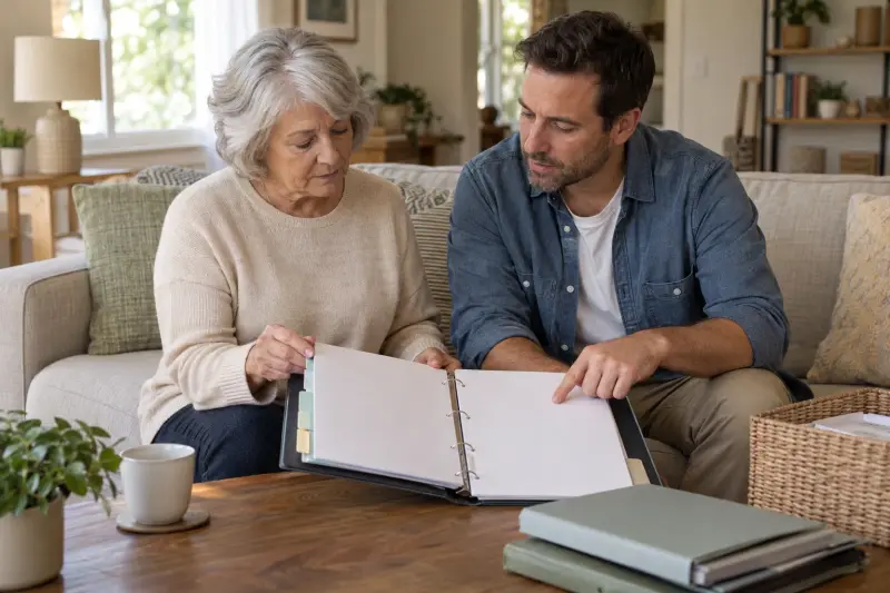 Illustrative scene of two adults discussing blank pages and dividers in a household binder.