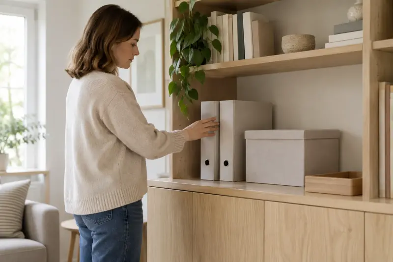 Illustrative scene of plain binders and a closed document box on a household shelf.
