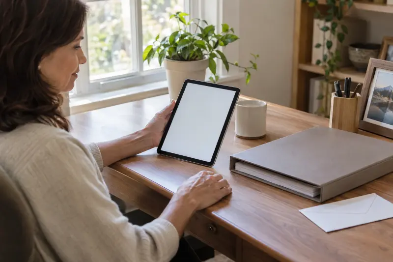 Illustrative Szene eines Tablets mit leerem Bildschirm neben einem geschlossenen Ordner und einem Umschlag am heimischen Schreibtisch.