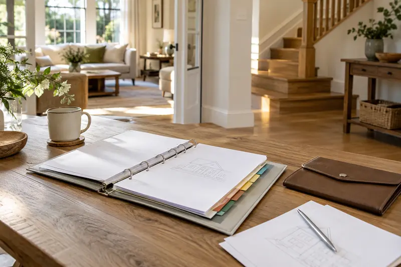 Open tabbed household folder with room sketches on an oak table.