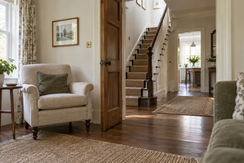 A sitting-room doorway opening toward a stair hall.