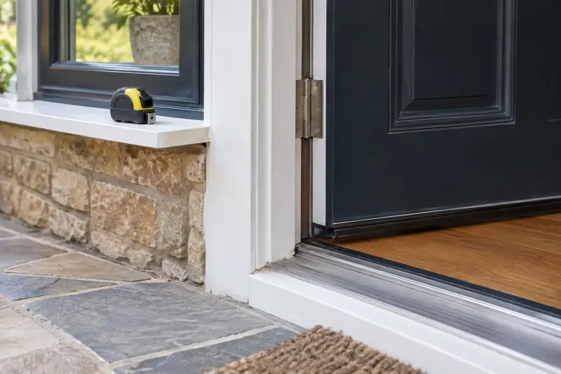 A doorway threshold with an unused tape measure on a ledge.