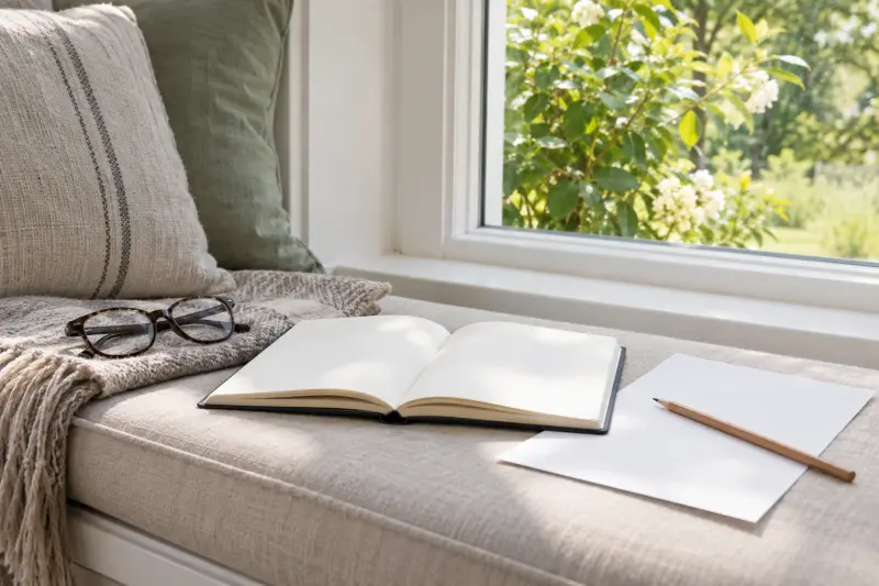 Blank notebook and paper on a home window seat.