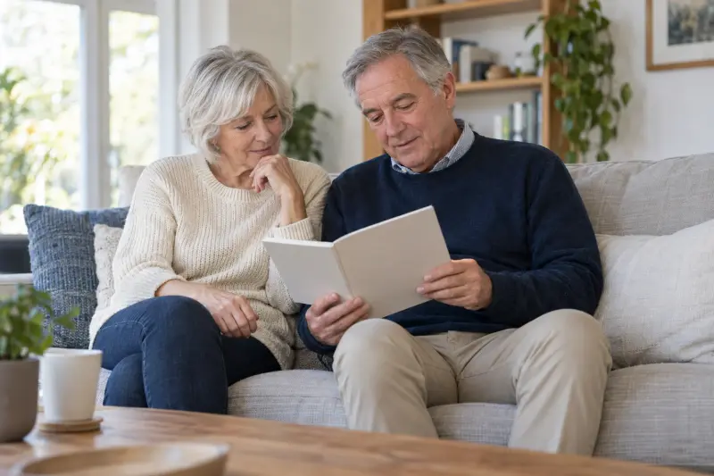 Two older adults reviewing a plain booklet at home.
