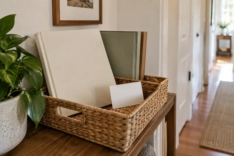 Plain manuals and blank card in a document basket.