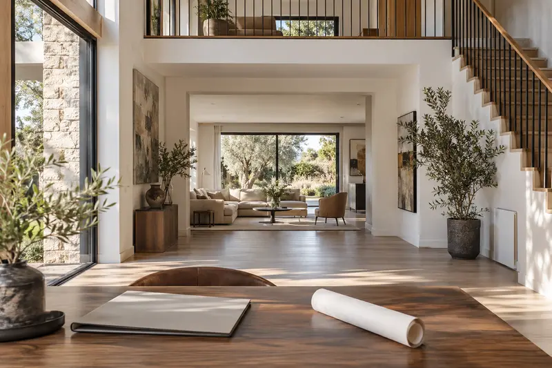Double-height domestic interior with a closed planning folder and rolled plan on a walnut table.