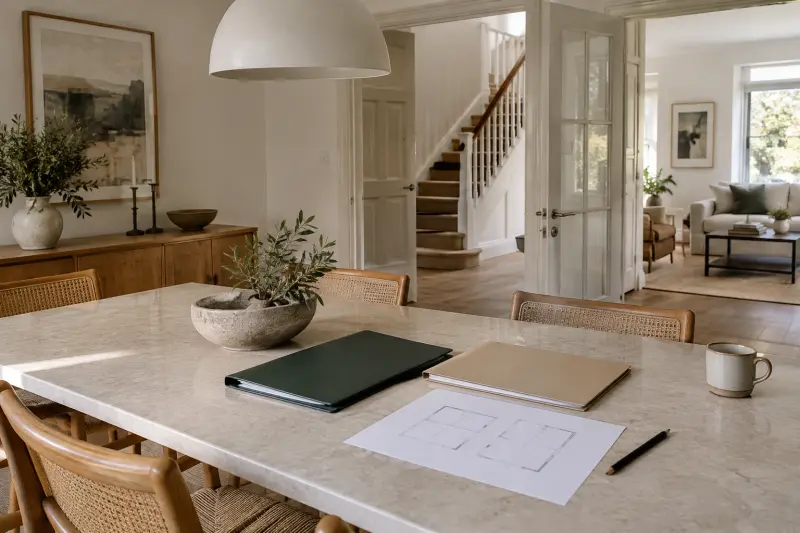 Illustrative home table with plain folders and an unlabelled room sketch for a planning discussion.