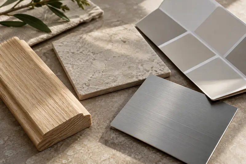 Illustrative wood, tile and metal finish samples on a worktable.