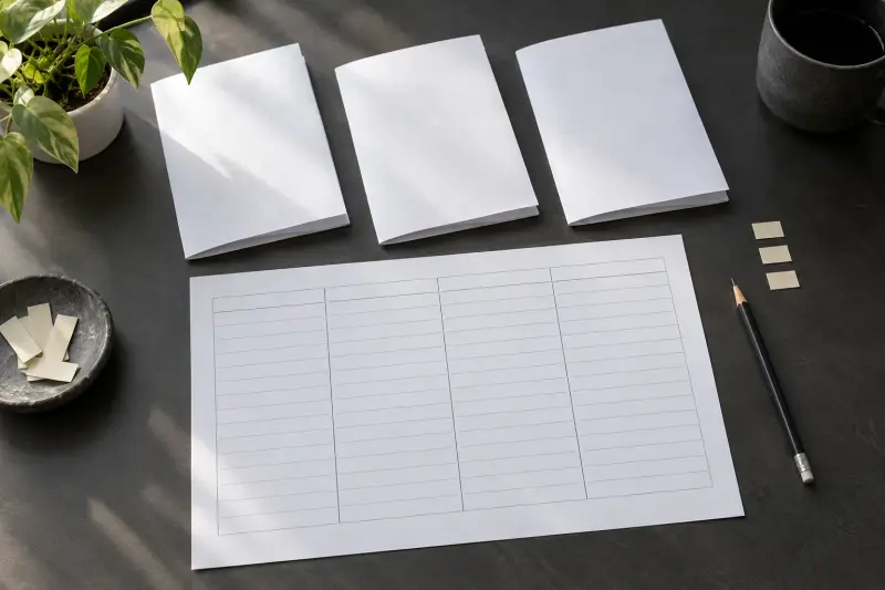 Illustrative blank scope-comparison sheet with separate plain pages and tabs.