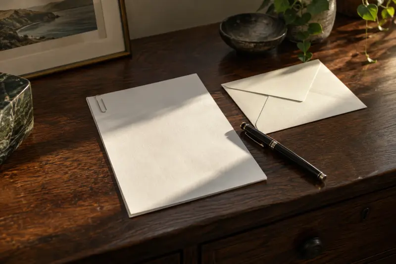Illustrative fountain pen, closed envelope and blank clipped page on an oak surface.