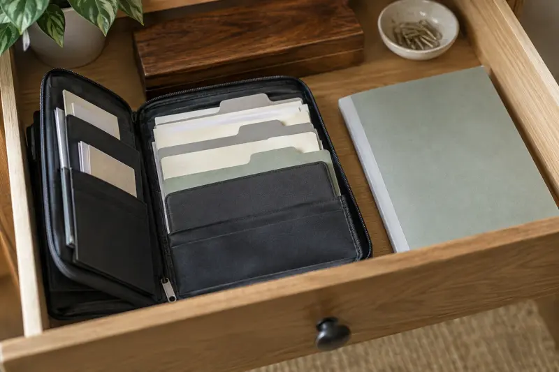 Illustrative document wallet with separate plain dividers in a wooden drawer.