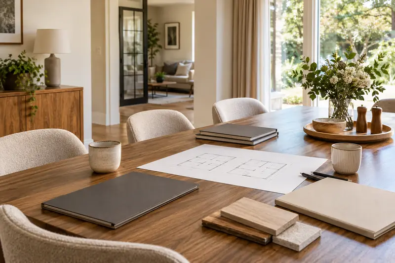 Plain comparison folders, room sketches and finish samples on a wooden dining table.