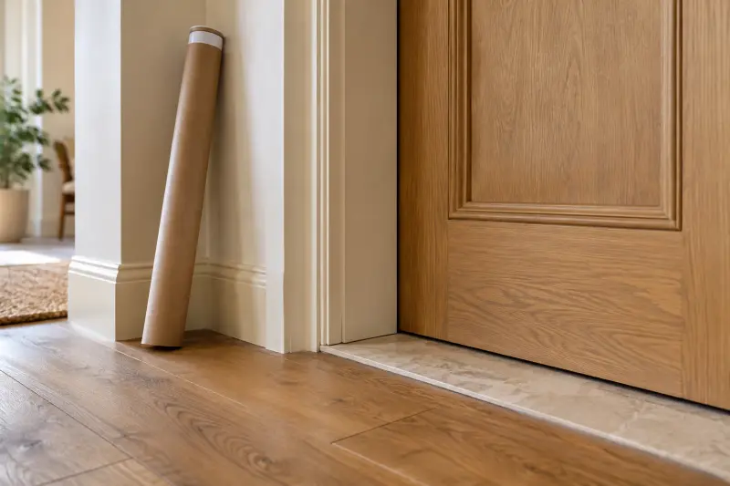 Illustrative detail of an apartment door frame and floor transition beside a closed document tube.