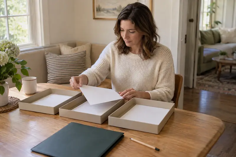 Illustrative scene of separating blank planning papers into three trays at home.